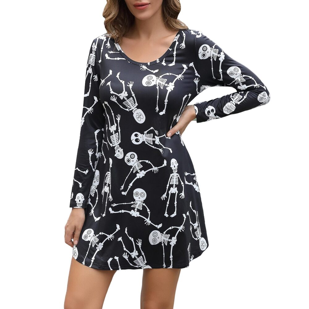 7708 Long Sleeve Funny Halloween Print Tunic Dress Cute Swing Costume